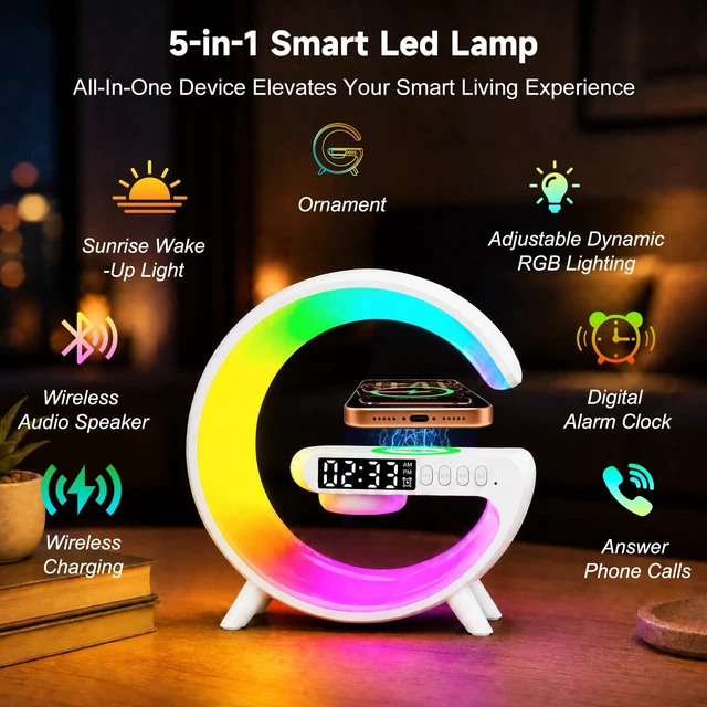 Alt view image 2 of 7 - 5 in 1 Smart LED Table Lamp with Wireless Charging, Bluetooth Speaker, Bedside Night Light, Sunrise Alarm Clock for Christmas Birthday Gifts for Girls Boys Teens Adults Desk Office Bedroom Home Decor