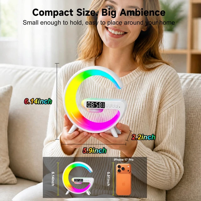 Alt view image 3 of 7 - 5 in 1 Smart LED Table Lamp with Wireless Charging, Bluetooth Speaker, Bedside Night Light, Sunrise Alarm Clock for Christmas Birthday Gifts for Girls Boys Teens Adults Desk Office Bedroom Home Decor