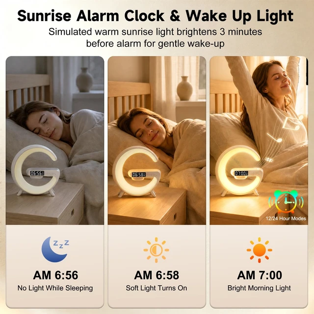 Alt view image 6 of 7 - 5 in 1 Smart LED Table Lamp with Wireless Charging, Bluetooth Speaker, Bedside Night Light, Sunrise Alarm Clock for Christmas Birthday Gifts for Girls Boys Teens Adults Desk Office Bedroom Home Decor