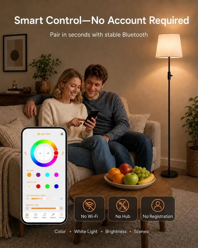 Alt view image 3 of 7 - Smart RGB Floor Lamp, 62", App Control, Compatible with Alexa | 2700K-6000K tunable white, 1%-100% dimmable, music sync, 1200 lm woven linen shade for living rooms, no account required