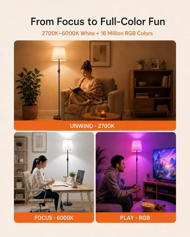 Alt view image 4 of 7 - Smart RGB Floor Lamp, 62", App Control, Compatible with Alexa | 2700K-6000K tunable white, 1%-100% dimmable, music sync, 1200 lm woven linen shade for living rooms, no account required