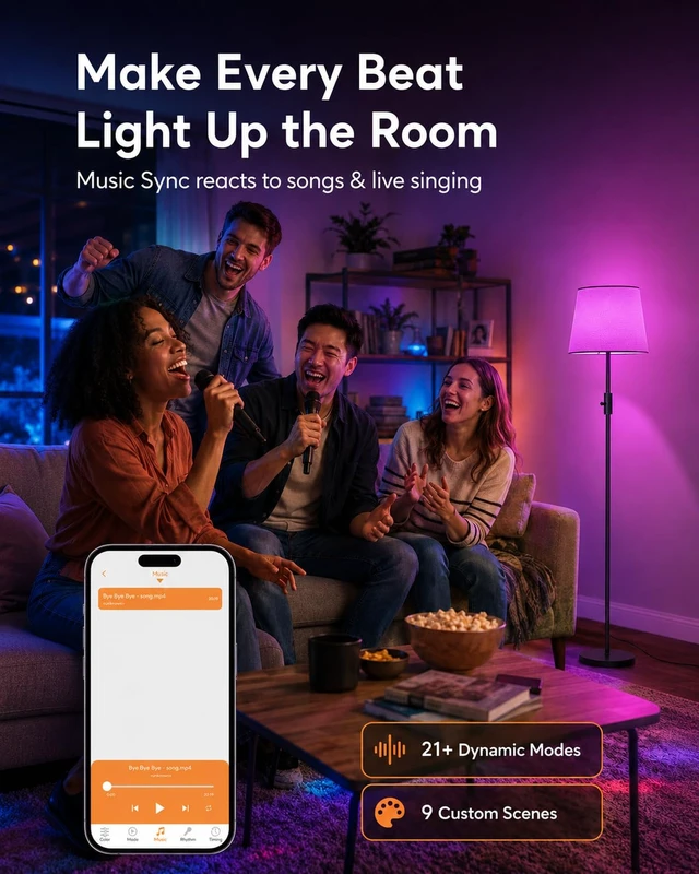 Alt view image 5 of 7 - Smart RGB Floor Lamp, 62", App Control, Compatible with Alexa | 2700K-6000K tunable white, 1%-100% dimmable, music sync, 1200 lm woven linen shade for living rooms, no account required