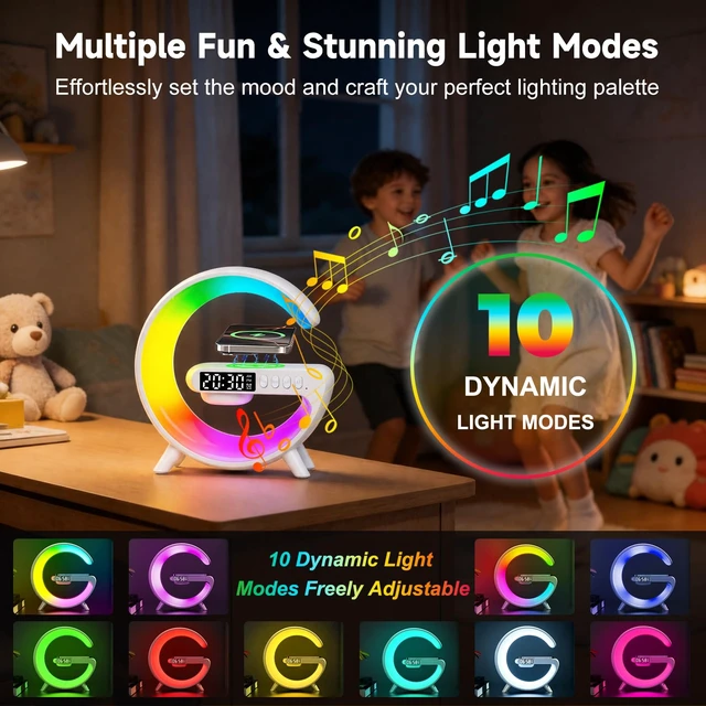 Alt view image 4 of 7 - 5 in 1 Smart LED Table Lamp with Wireless Charging, Bluetooth Speaker, Bedside Night Light, Sunrise Alarm Clock for Christmas Birthday Gifts for Girls Boys Teens Adults Desk Office Bedroom Home Decor