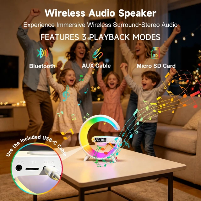 Alt view image 5 of 7 - 5 in 1 Smart LED Table Lamp with Wireless Charging, Bluetooth Speaker, Bedside Night Light, Sunrise Alarm Clock for Christmas Birthday Gifts for Girls Boys Teens Adults Desk Office Bedroom Home Decor