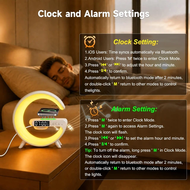 Alt view image 7 of 7 - 5 in 1 Smart LED Table Lamp with Wireless Charging, Bluetooth Speaker, Bedside Night Light, Sunrise Alarm Clock for Christmas Birthday Gifts for Girls Boys Teens Adults Desk Office Bedroom Home Decor