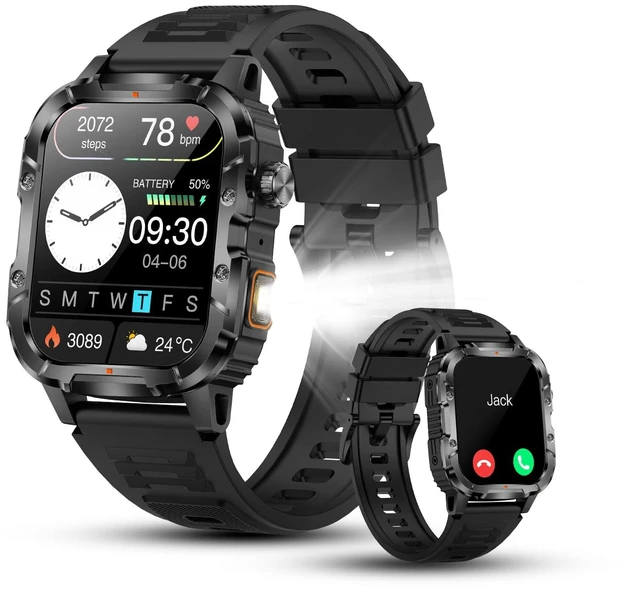 Main image of Military Smart Watch for Men, 30+ Day Battery Life, Bluetooth Call Black | 1.95" HD, 120+ sports modes, heart rate/sleep monitor, IP68 waterproof, Fitness Watch with LED Flashlight for iOS/Android