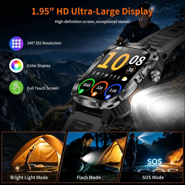 Alt view image 3 of 4 - Military Smart Watch for Men, 30+ Day Battery Life, Bluetooth Call Black | 1.95" HD, 120+ sports modes, heart rate/sleep monitor, IP68 waterproof, Fitness Watch with LED Flashlight for iOS/Android