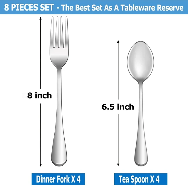Alt view image 2 of 7 - 8 Pcs Forks and Spoons Silverware Set,Food Grade Stainless Steel Flatware Cutlery Set for Home,Kitchen and Restaurant,Mirror Polished,Dishwasher Safe - 4 Dinner Fork(8 inch) and 4 Teaspoon(6.5 inch)