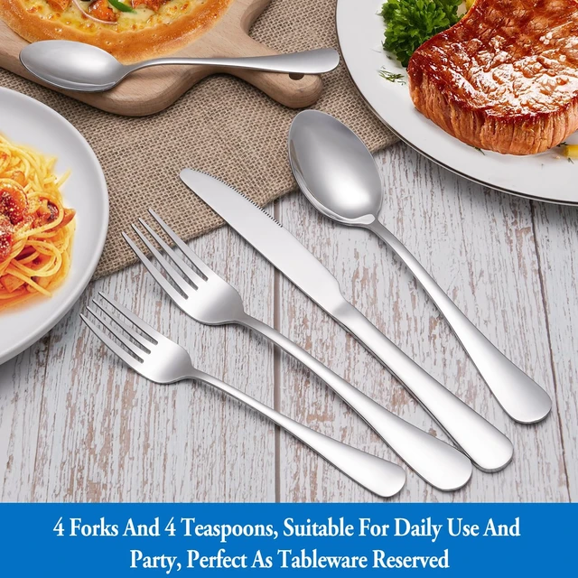 Alt view image 7 of 7 - 8 Pcs Forks and Spoons Silverware Set,Food Grade Stainless Steel Flatware Cutlery Set for Home,Kitchen and Restaurant,Mirror Polished,Dishwasher Safe - 4 Dinner Fork(8 inch) and 4 Teaspoon(6.5 inch)