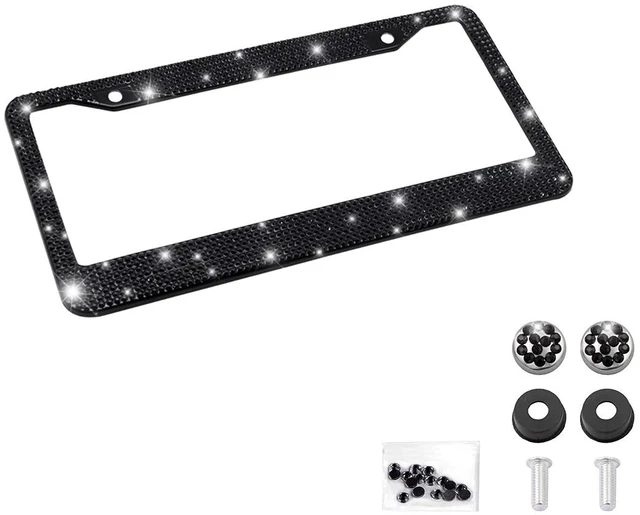 Main image of Rhinestone Stainless Steel Car License Plate Frame, Black | handcrafted decorative surface, mounting screw set included, fits most cars, SUVs, and trucks, car exterior accessories