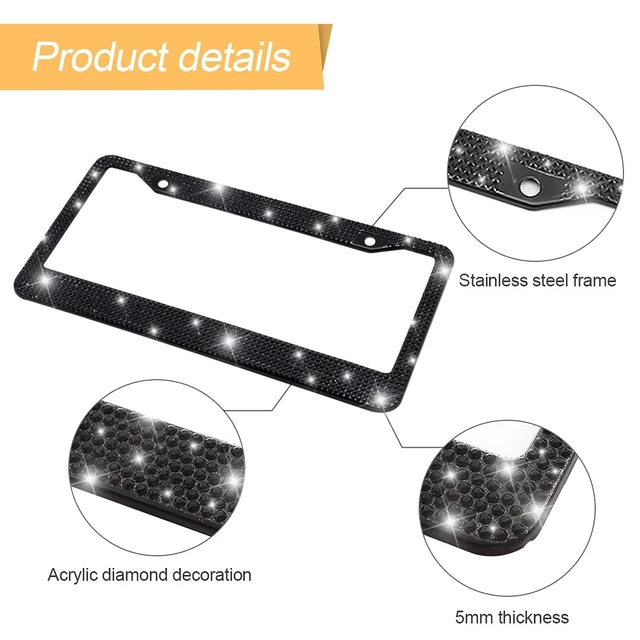 Alt view image 3 of 7 - Rhinestone Stainless Steel Car License Plate Frame, Black | handcrafted decorative surface, mounting screw set included, fits most cars, SUVs, and trucks, car exterior accessories