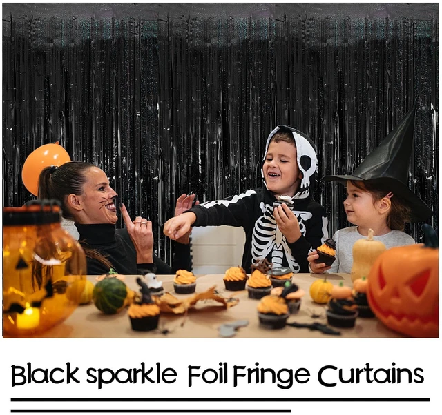 Alt view image 5 of 7 - Tinsel Curtain Backdrop Black Birthday & Wedding Decorations 2 Packs Glitter Foil Fringe Curtain Decor Streamers Photo Booth for Christmas & Halloween