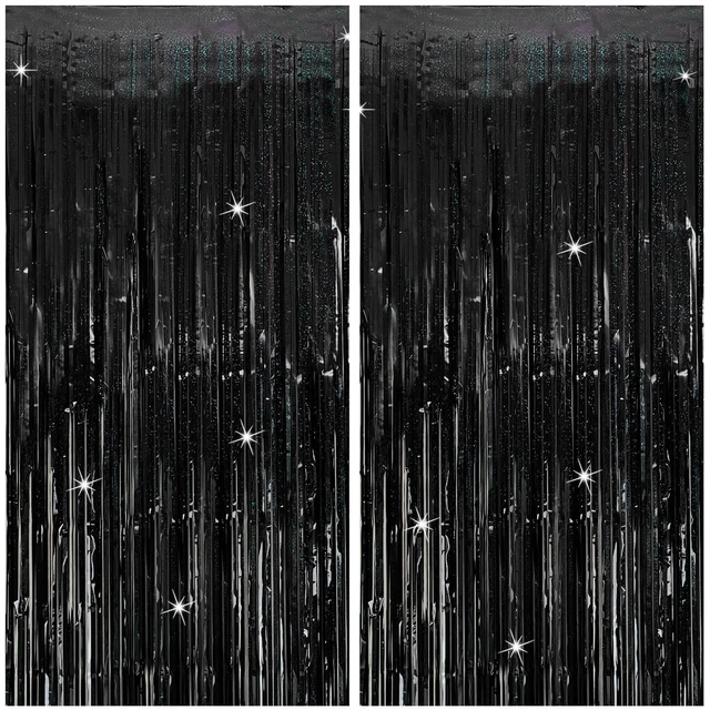 Main image of Tinsel Curtain Backdrop Black Birthday & Wedding Decorations 2 Packs Glitter Foil Fringe Curtain Decor Streamers Photo Booth for Christmas & Halloween