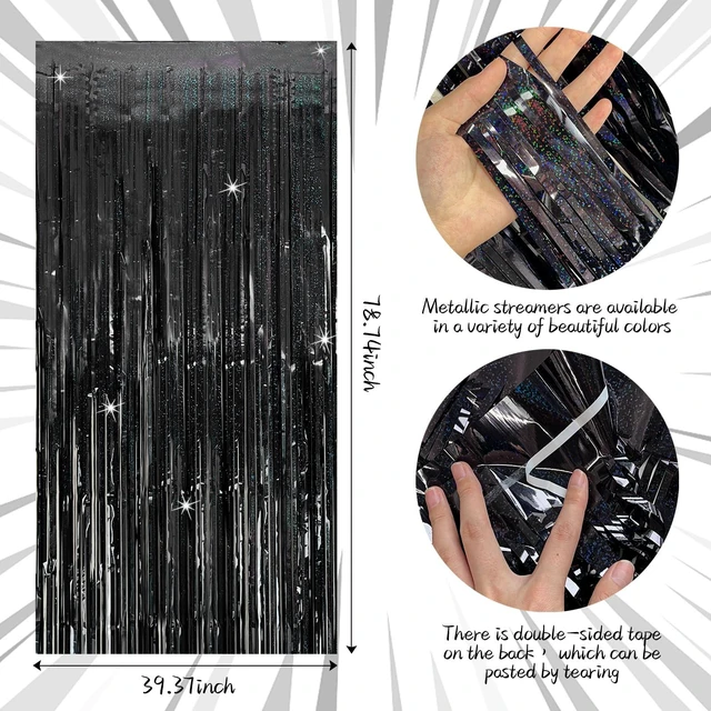 Alt view image 7 of 7 - Tinsel Curtain Backdrop Black Birthday & Wedding Decorations 2 Packs Glitter Foil Fringe Curtain Decor Streamers Photo Booth for Christmas & Halloween
