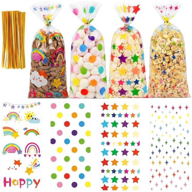 Main image of 50PCS Rainbow Cellophane Treat Bags: Clear Goodie Bags with 60 Twist Ties for Kids Birthday Party Favors Wrapping, Durable Clear Plastic Gift Bag for Candy Cookies Treat Classroom Return Gifts