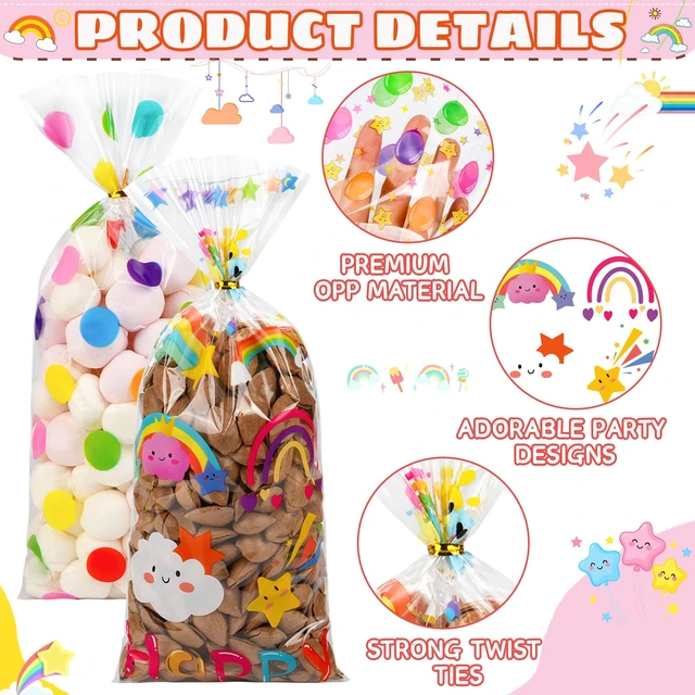 Alt view image 3 of 7 - 50PCS Rainbow Cellophane Treat Bags: Clear Goodie Bags with 60 Twist Ties for Kids Birthday Party Favors Wrapping, Durable Clear Plastic Gift Bag for Candy Cookies Treat Classroom Return Gifts