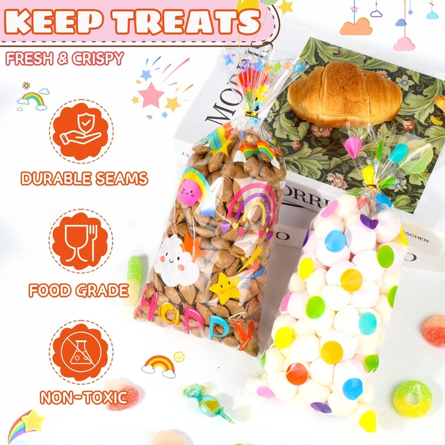Alt view image 4 of 7 - 50PCS Rainbow Cellophane Treat Bags: Clear Goodie Bags with 60 Twist Ties for Kids Birthday Party Favors Wrapping, Durable Clear Plastic Gift Bag for Candy Cookies Treat Classroom Return Gifts