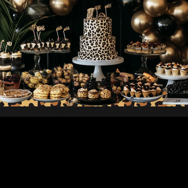 Alt view image 6 of 7 - Cheetah Print Leopard Party Decorations Table Cloth, Black Leopard | Disposable Cheetah Birthday Supplies Table Cover Printed Table Runner, for Birthday Bridal Shower Wedding, 3Pcs, 55in x 86in