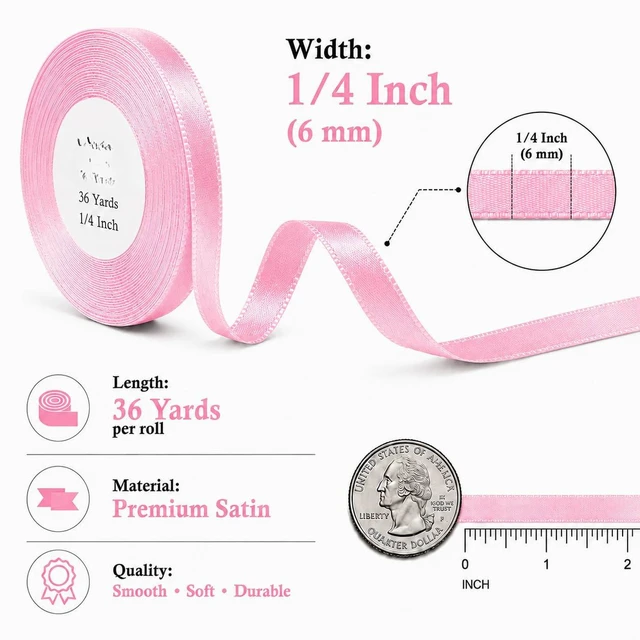 Alt view image 2 of 5 - Pink Ribbon 1/4 Inch x 36 Yards for Party Decor & Floral Arrangements Satin | Baby girl showers, breast cancer awareness, Valentines gifting, princess & ballet birthdays