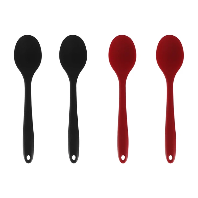 Alt view image 2 of 5 - 4 Pcs Small Silica Gel Spoons, Red+Black | Nonstick, Heat Resistant, For Kitchen Cooking Baking Mixing, Stirring Serving Spoon