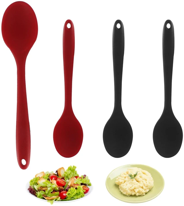 Main image of 4 Pcs Small Silica Gel Spoons, Red+Black | Nonstick, Heat Resistant, For Kitchen Cooking Baking Mixing, Stirring Serving Spoon
