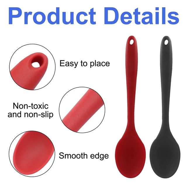 Alt view image 4 of 5 - 4 Pcs Small Silica Gel Spoons, Red+Black | Nonstick, Heat Resistant, For Kitchen Cooking Baking Mixing, Stirring Serving Spoon