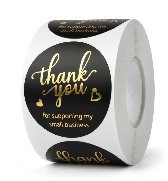 Main image of 500 Pcs 1.5 Inch Black Thank You Stickers Small Business, 4 Gold Foil Font | Round Waterproof Self-Adhesive Sticker Roll, for Small Business Packaging, Orders, Gift Boxes, Bags, Envelopes, Boutique