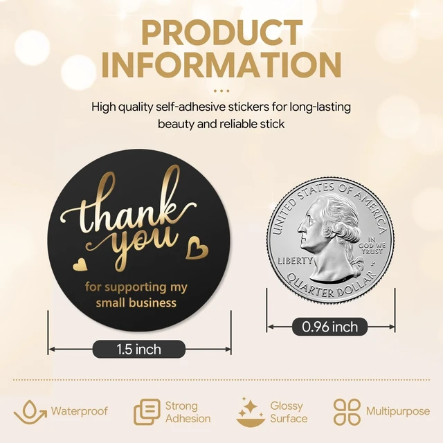 Alt view image 2 of 7 - 500 Pcs 1.5 Inch Black Thank You Stickers Small Business, 4 Gold Foil Font | Round Waterproof Self-Adhesive Sticker Roll, for Small Business Packaging, Orders, Gift Boxes, Bags, Envelopes, Boutique