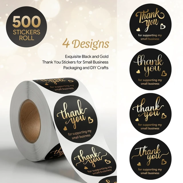 Alt view image 3 of 7 - 500 Pcs 1.5 Inch Black Thank You Stickers Small Business, 4 Gold Foil Font | Round Waterproof Self-Adhesive Sticker Roll, for Small Business Packaging, Orders, Gift Boxes, Bags, Envelopes, Boutique