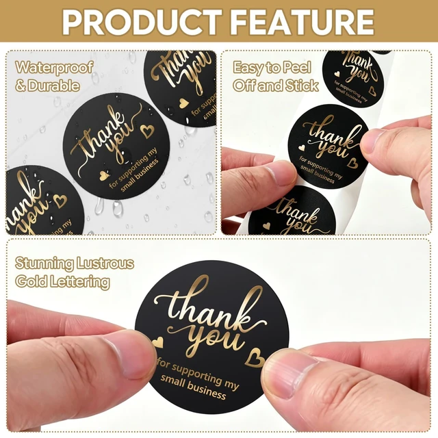 Alt view image 4 of 7 - 500 Pcs 1.5 Inch Black Thank You Stickers Small Business, 4 Gold Foil Font | Round Waterproof Self-Adhesive Sticker Roll, for Small Business Packaging, Orders, Gift Boxes, Bags, Envelopes, Boutique