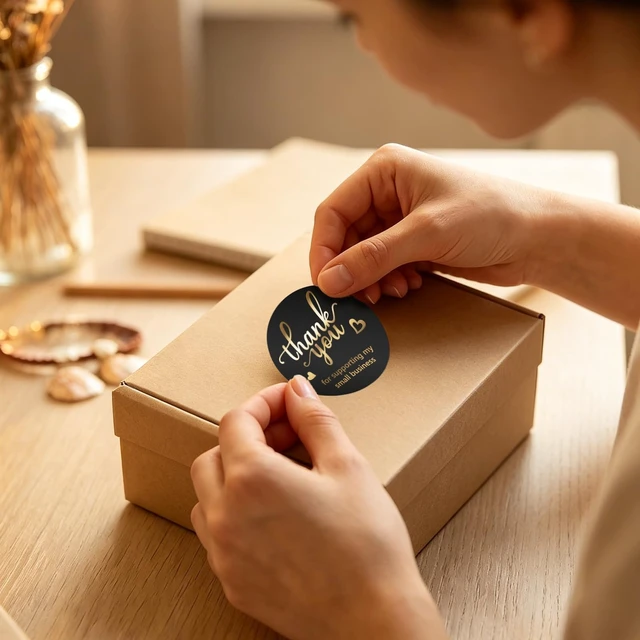 Alt view image 5 of 7 - 500 Pcs 1.5 Inch Black Thank You Stickers Small Business, 4 Gold Foil Font | Round Waterproof Self-Adhesive Sticker Roll, for Small Business Packaging, Orders, Gift Boxes, Bags, Envelopes, Boutique