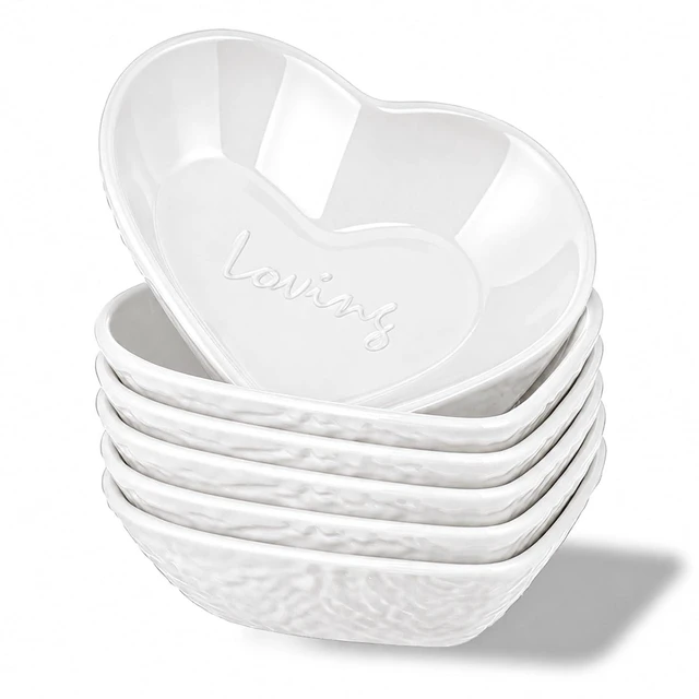 Main image of Dipping Bowls, 3oz Soy Sauce Dish, Pturdy Plastic Small Bowls Set of 6, White Love Heart Mini Appetizer Plates for Sauce, Soy Sauce, Condiment, Side Dishes, Sushi, Ketchup, BBQ Party