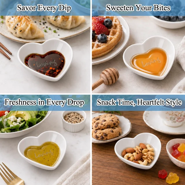 Alt view image 7 of 7 - Dipping Bowls, 3oz Soy Sauce Dish, Pturdy Plastic Small Bowls Set of 6, White Love Heart Mini Appetizer Plates for Sauce, Soy Sauce, Condiment, Side Dishes, Sushi, Ketchup, BBQ Party