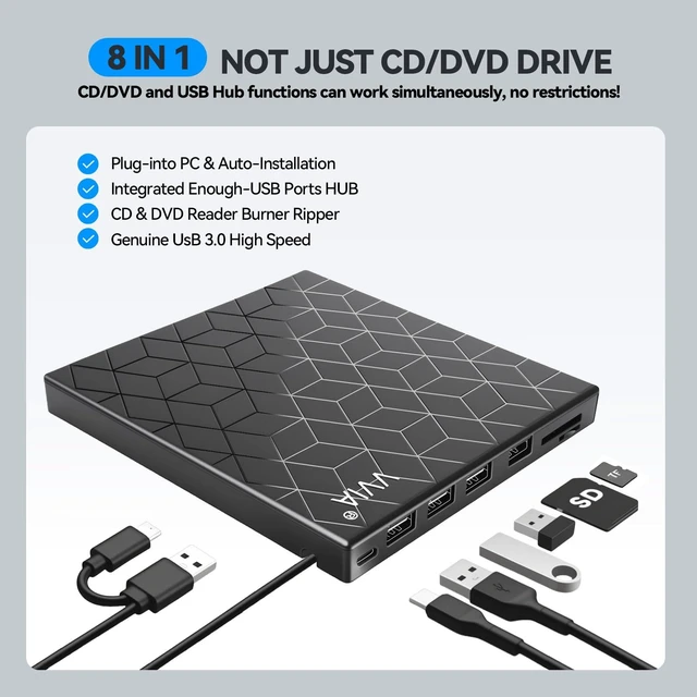Alt view image 2 of 7 - vvia External CD DVD Drive, Ultra Slim CD Burner USB 3.0 with 4 USB Ports and 2 TF/SD Card Slots, Optical Disk Drive for Laptop Mac, PC Windows 11/10/8/7 Linux OS MacBook Pro/Air Desktop PC Player