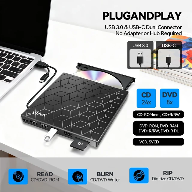 Alt view image 3 of 7 - vvia External CD DVD Drive, Ultra Slim CD Burner USB 3.0 with 4 USB Ports and 2 TF/SD Card Slots, Optical Disk Drive for Laptop Mac, PC Windows 11/10/8/7 Linux OS MacBook Pro/Air Desktop PC Player