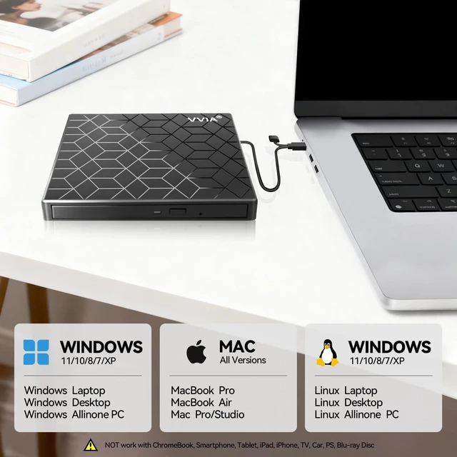 Alt view image 4 of 7 - vvia External CD DVD Drive, Ultra Slim CD Burner USB 3.0 with 4 USB Ports and 2 TF/SD Card Slots, Optical Disk Drive for Laptop Mac, PC Windows 11/10/8/7 Linux OS MacBook Pro/Air Desktop PC Player