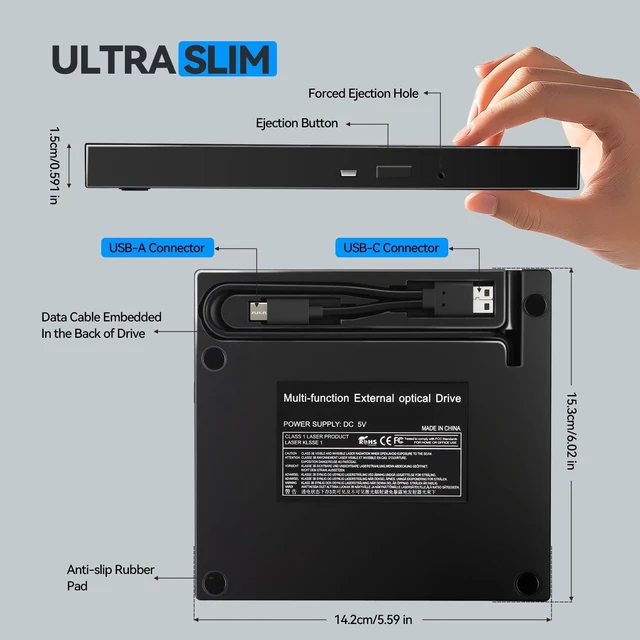 Alt view image 5 of 7 - vvia External CD DVD Drive, Ultra Slim CD Burner USB 3.0 with 4 USB Ports and 2 TF/SD Card Slots, Optical Disk Drive for Laptop Mac, PC Windows 11/10/8/7 Linux OS MacBook Pro/Air Desktop PC Player