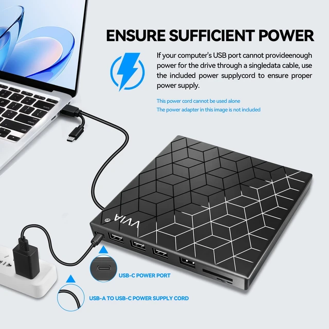 Alt view image 6 of 7 - vvia External CD DVD Drive, Ultra Slim CD Burner USB 3.0 with 4 USB Ports and 2 TF/SD Card Slots, Optical Disk Drive for Laptop Mac, PC Windows 11/10/8/7 Linux OS MacBook Pro/Air Desktop PC Player