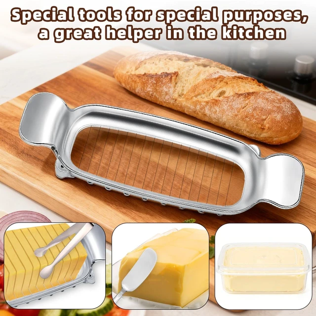 Alt view image 3 of 7 - 4pcs Butter Slicer Cutter Set with Storage Box, Stainless Steel Knife Spreader, Wire Cheese Slicer and Serving Tongs Kitchen Food Tool for Block Cheese and Butter