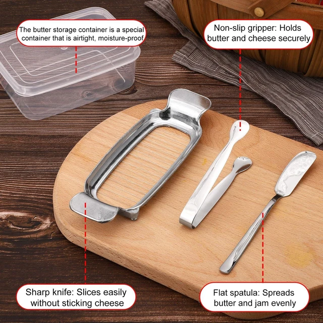 Alt view image 4 of 7 - 4pcs Butter Slicer Cutter Set with Storage Box, Stainless Steel Knife Spreader, Wire Cheese Slicer and Serving Tongs Kitchen Food Tool for Block Cheese and Butter