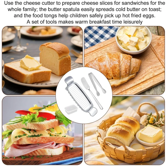 Alt view image 7 of 7 - 4pcs Butter Slicer Cutter Set with Storage Box, Stainless Steel Knife Spreader, Wire Cheese Slicer and Serving Tongs Kitchen Food Tool for Block Cheese and Butter