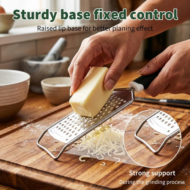 Alt view image 3 of 7 - Butter Grater, Handheld Grater for Kitchen, Stainless Steel, Won't Rust, Non-Slip Handle, Durable Soft Grip, Flat Shredder for Cheese, Easy to Rinse, Works for Shredding Butter in Kitchen, Black