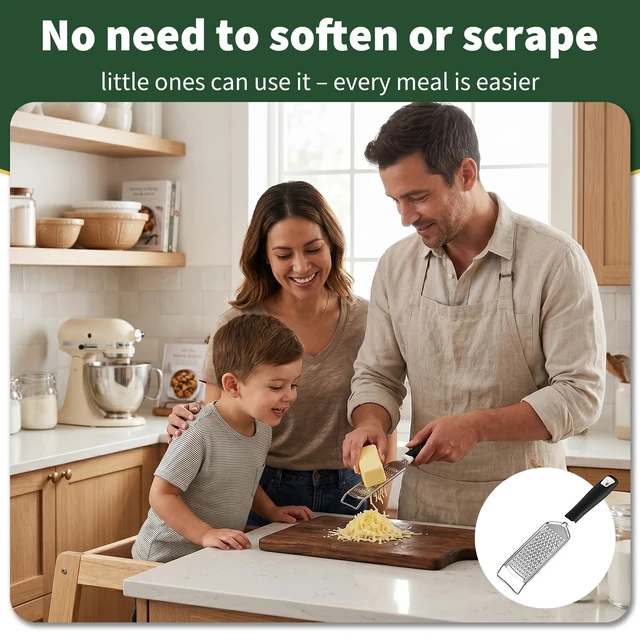 Alt view image 7 of 7 - Butter Grater, Handheld Grater for Kitchen, Stainless Steel, Won't Rust, Non-Slip Handle, Durable Soft Grip, Flat Shredder for Cheese, Easy to Rinse, Works for Shredding Butter in Kitchen, Black