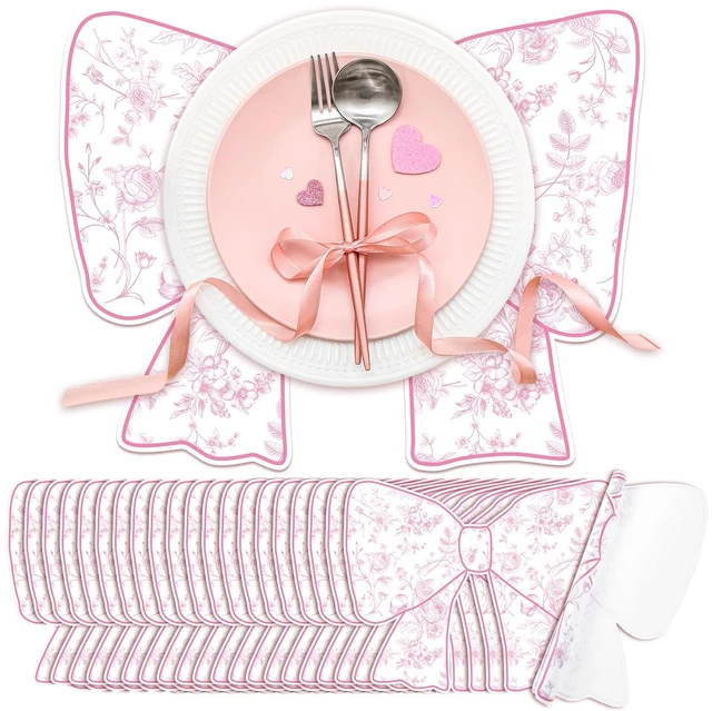 Main image of 50 Pcs Disposable Pink Bow Placemats Christmas 8.94 x 13.78 Inches Coquette Bow Table Mats Decorative Paper Placemats for Birthday Bridal Wedding Coquette Party Table Decoration