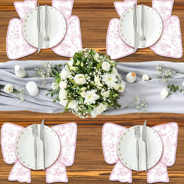 Alt view image 3 of 5 - 50 Pcs Disposable Pink Bow Placemats Christmas 8.94 x 13.78 Inches Coquette Bow Table Mats Decorative Paper Placemats for Birthday Bridal Wedding Coquette Party Table Decoration