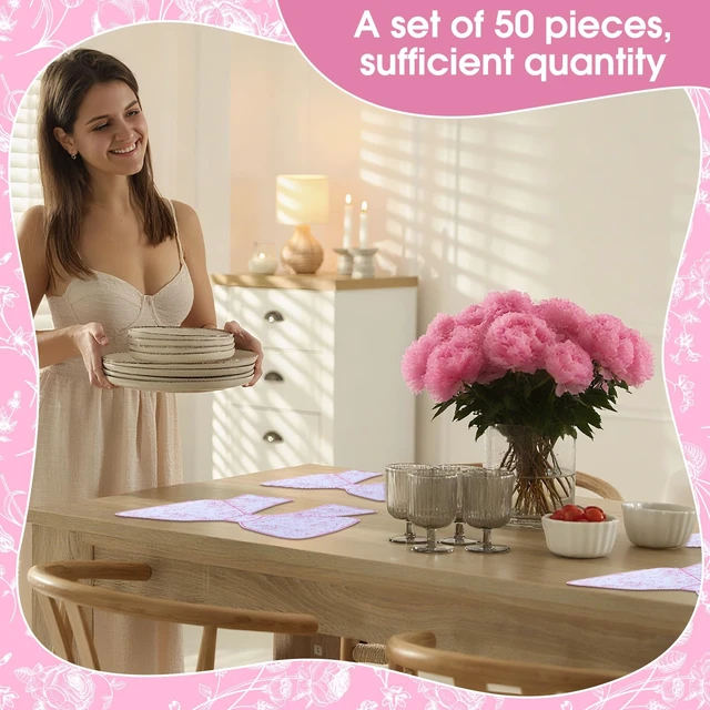 Alt view image 4 of 5 - 50 Pcs Disposable Pink Bow Placemats Christmas 8.94 x 13.78 Inches Coquette Bow Table Mats Decorative Paper Placemats for Birthday Bridal Wedding Coquette Party Table Decoration