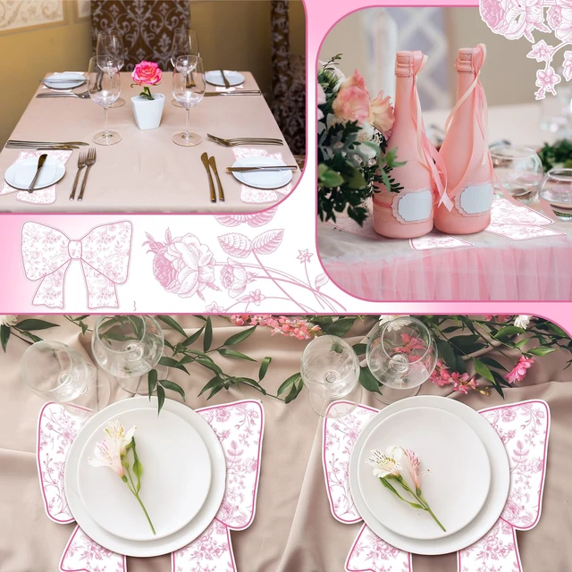 Alt view image 5 of 5 - 50 Pcs Disposable Pink Bow Placemats Christmas 8.94 x 13.78 Inches Coquette Bow Table Mats Decorative Paper Placemats for Birthday Bridal Wedding Coquette Party Table Decoration