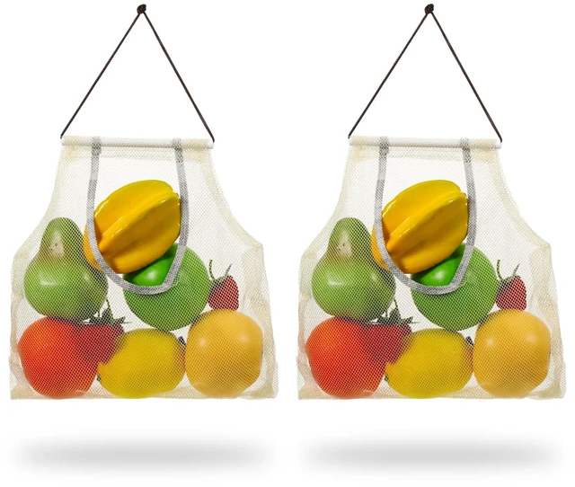 Main image of 2PCS Hanging Mesh Storage Bags for Fruits, Vegetables, Potatoes, Onions, Garlic - Garlic and Onion Mesh Bags, Reusable Portable Meshes Tote Bag, Net Storages Produce Bag for Pantry, Kitchen Decor