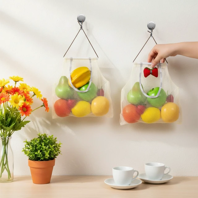 Alt view image 6 of 7 - 2PCS Hanging Mesh Storage Bags for Fruits, Vegetables, Potatoes, Onions, Garlic - Garlic and Onion Mesh Bags, Reusable Portable Meshes Tote Bag, Net Storages Produce Bag for Pantry, Kitchen Decor