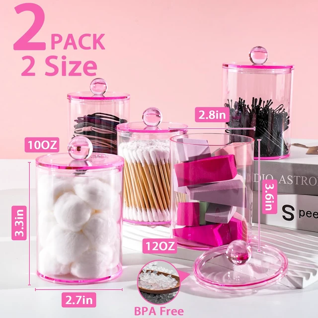 Alt view image 2 of 7 - 2 Pcs Acrylic Qtip Holder, Cotton Ball Holder Jars with Lids, Pink | Apothecary Jars for Cotton Swabs, Balls, Pads and Floss Picks, Bathroom Vanity Organizer